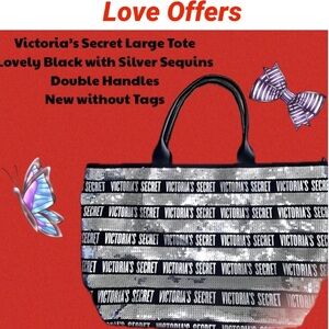 Victoria's Secret Large Tote Lovely Black with Silver Sequins Double Handles New